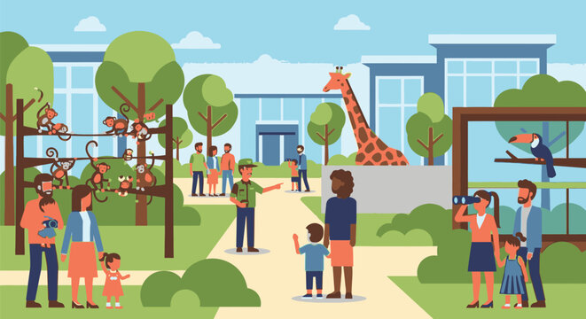 Families visit a vibrant zoo on a sunny day with people enjoying outdoor activities and lush greenery surrounding buildings and animals.