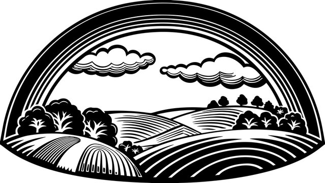 Landscape features rolling hills and trees inside an arched frame with clouds above.