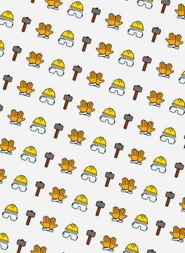 Industrial Safety Equipment Seamless Pattern with Hard Hats, Gloves and Hammers Vector Background
