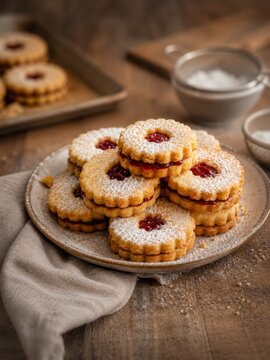 Stapel aus goldbraunen Spitzbuben mit roter Marmeladenf&uuml;llung und feinem Puderzucker. Traditionell deutsches Weihnachtsgeb&auml;ck in gem&uuml;tlicher Advents- und Weihnachtsstimmung.