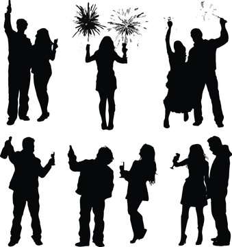 Set of black silhouette vector graphic illustrations depicting happy people celebrating festive occasions with fireworks champagne glasses and wine bottles