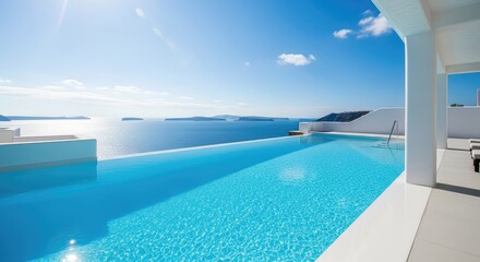 Fototapeta premium A crystal clear infinity pool blends seamlessly with the deep blue horizon of the sea beneath a bright sunlit sky and white architecture, outdoor, horizon, vacation