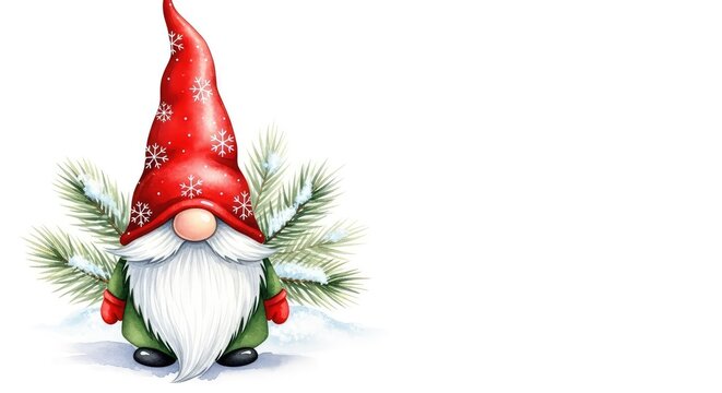 A charming watercolor Christmas gnome wearing a tall red hat decorated with snowflakes, standing in a cozy winter setting with pine branches, beard, red, woodland