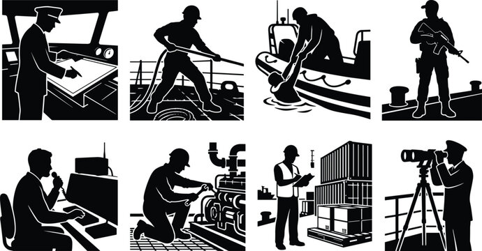 Black Silhouette Icons of Maritime Professions and Port Activities for Nautical Design Concepts