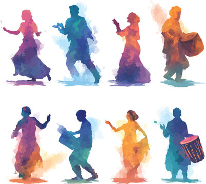 Vibrant vector illustration featuring multiple silhouettes of traditional indian dancers and musicians performing energetic cultural celebrations in bright watercolor styles