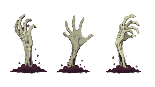 Three zombie hands rising from the ground on white background