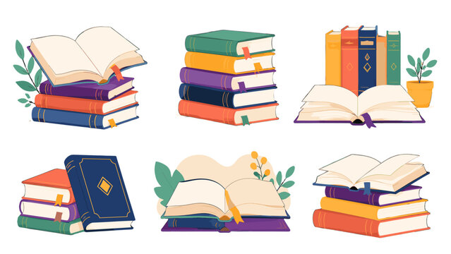 Cartoon book stacks and open books vector illustration set