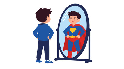 Plakat Boy seeing himself as superhero in mirror vector illustration