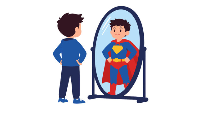 Boy seeing himself as superhero in mirror vector illustration