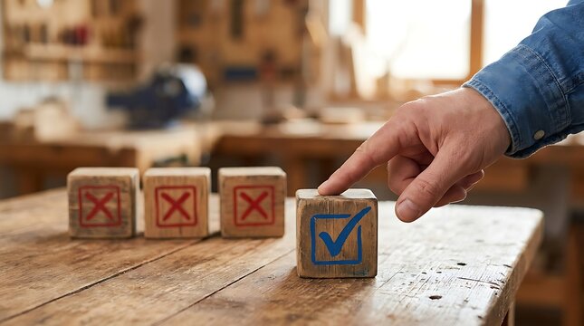 Hand pointing to wooden block with blue checkmark next to blocks with red crosses decision choice correct