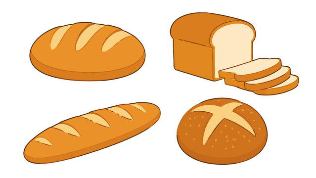 Cartoon bread loaf and sliced bread flat vector set