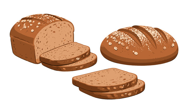 Bread loaves and sliced brown bread vector illustration set