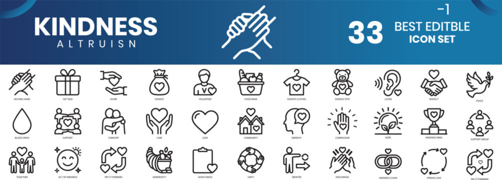 Hand holding heart outline icon set for charity design. Kindness altruism icon set 33 editable symbols for charity and compassion