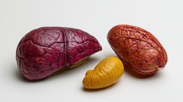 Realistic liver and pancreas models arranged on a clean white medical table