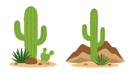 Obraz premium Green cactus plants in desert landscape vector set