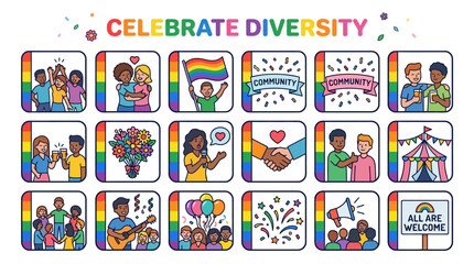 Obraz premium Celebrating Diversity with Joyful Icons Pride, Community, and Inclusivity Represented in Vibrant Illustrations
