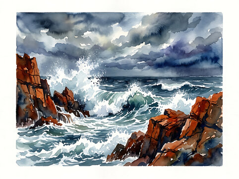 Dramatic ocean waves crashing against rocky cliffs.