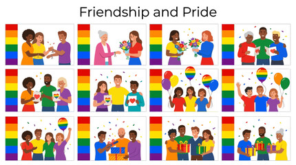 Fototapeta premium Diverse Friends Celebrating and Showing Support with Rainbow Pride Flags