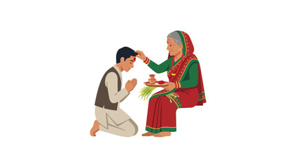 Fototapeta premium Indian Mother Blessing Son with Tika and Aarti