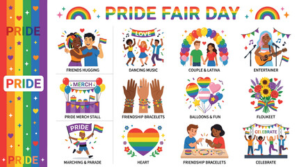 Fototapeta premium Pride Fair Day Icon Set Featuring Diverse Celebrations and Symbols of Love and Unity