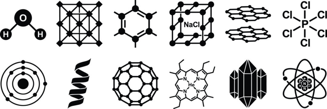 Black Solid Glyph Chemistry Icon Set with Molecular Formulas Water H2O Atoms Salt NaCl Crystal Lattice and Graphene Layers