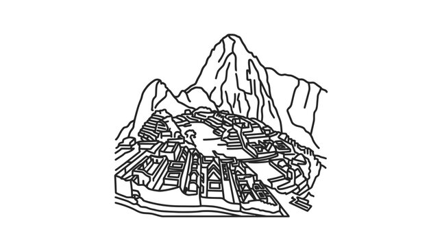 Black and White Drawing of Machu Picchu.