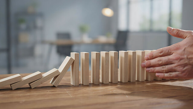 A Hand Initiating A Domino Effect With Wooden Blocks On A Wooden Surface dominoes wood falling toppling chain reaction consequence