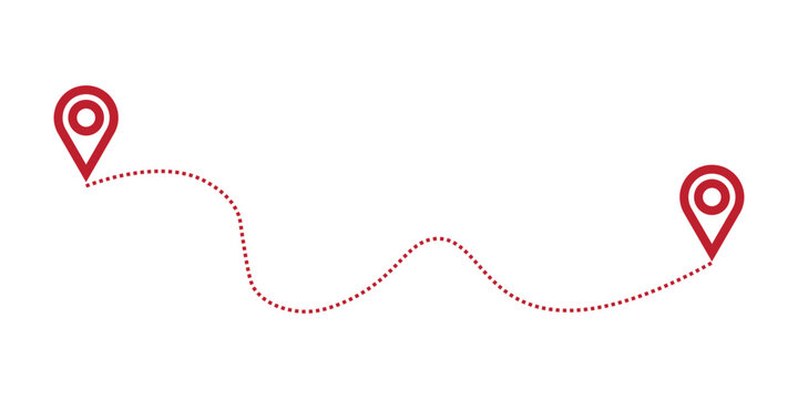 Red map pin icons with dashed line path, destination location markers on winding route vector, travel navigation tracking trail, delivery logistics and distance concept illustration