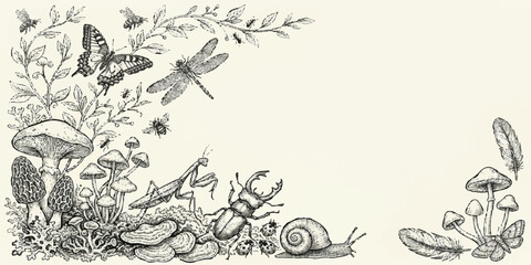 Enchanted Woodland Sketch: A whimsical, hand-drawn illustration captures the magic of the forest floor, featuring an array of fascinating insects, mushrooms, and delicate foliage. © MDSyedAhmed