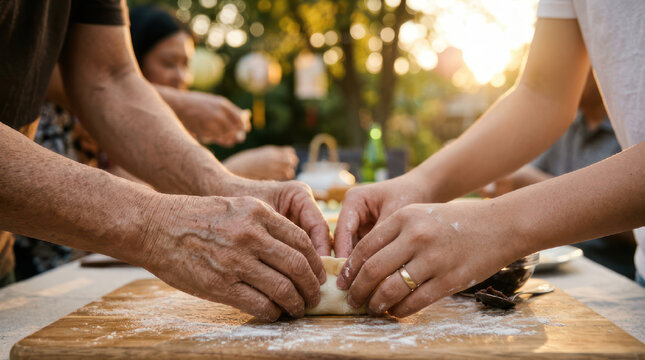 Hands preparing food together outdoors at a table.
