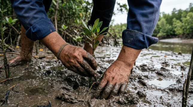 Person planting mangrove sapling in muddy soil near water.