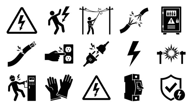 Electric Shock Hazard Glyph Icon Set with High Voltage Warning Power Line Contact and Electrical Safety Silhouettes