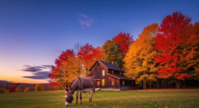 A rustic wooden farmhouse sits amidst colorful autumn trees while a small donkey grazes quietly under a vast and clear seasonal sky at dusk, wood, architecture, jackass
