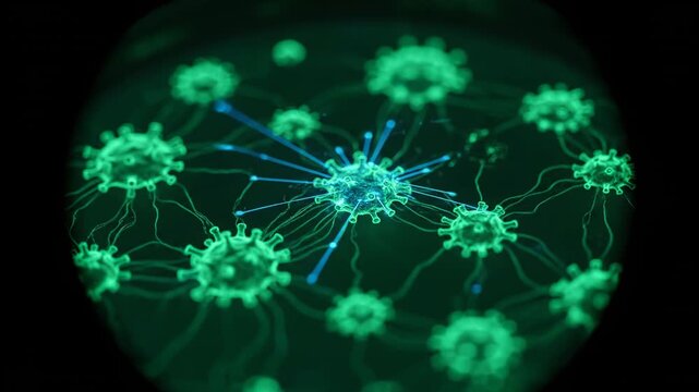 Glowing green microbial cells, connected by filaments, against a dark background