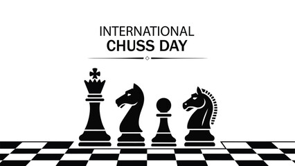 international chess day illustration with chessboard and strategic chess pieces, king knight rook and pawn composition, board game celebration vector design © VectAmaze