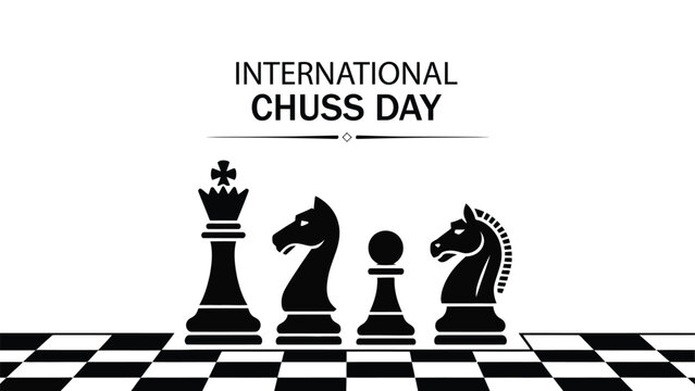 international chess day illustration with chessboard and strategic chess pieces, king knight rook and pawn composition, board game celebration vector design