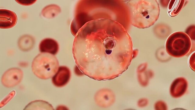Plasmodium malariae ring stage, 3D animation showing early intraerythrocytic trophozoite within a red blood cell, associated with quartan malaria in humans.