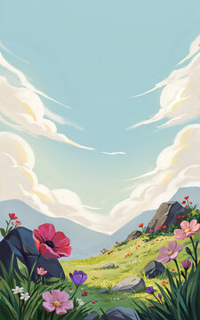 Scenic landscape illustration featuring wildflowers rolling hills and a cloudy blue sky scenery meadow field mountains clouds poppies cosmos floral