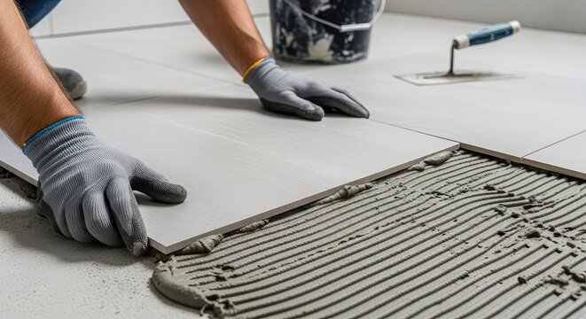 Close up of grey ceramic floor tiles being installed in a modern bathroom using adhesive mortar and professional tools during renovation, tools, adhesive, spacers