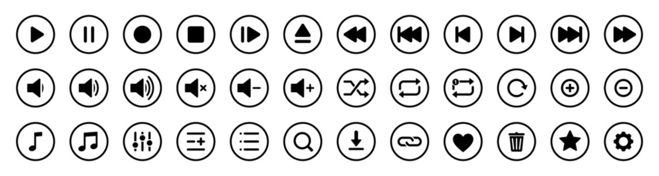 Media control music player outline icon set, Play, pause, stop, record, rewind, forward, volume, shuffle, repeat, settings and navigation line symbols for user interface design, Vector illustration