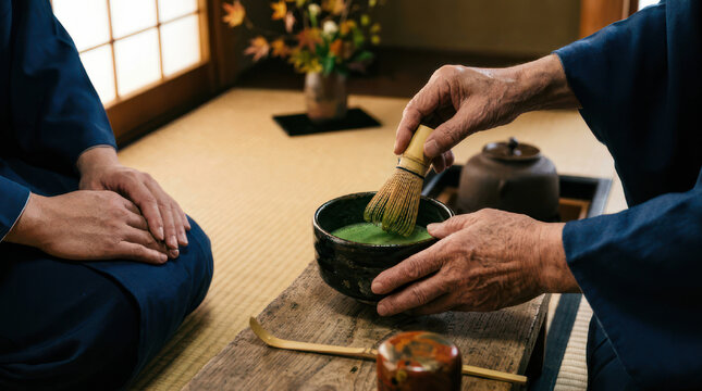 Traditional Japanese tea ceremony preparation with matcha green tea.