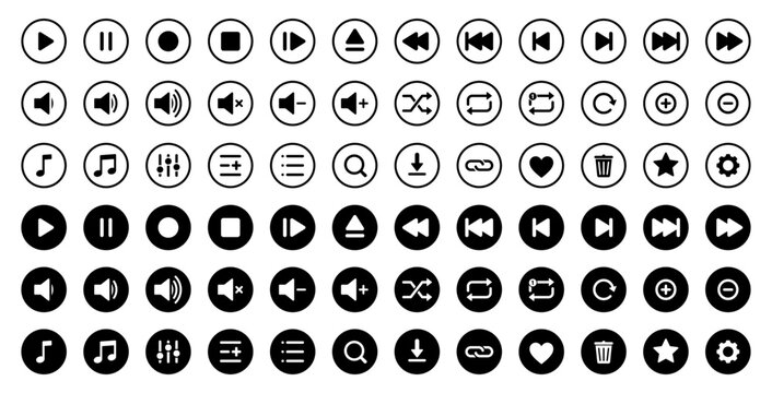 Media player control icon set with play, pause, stop, record, volume and navigation symbols for UI, UX interface design outline and solid vector illustration.