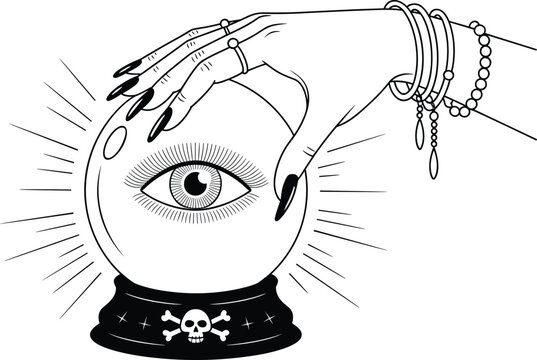 Ornate mystical hand with jewelry touching a glowing crystal ball with an eye symbol in a mysterious occult line art scene.