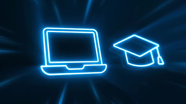 Glowing neon icons laptop and graduation cap on black backdrop