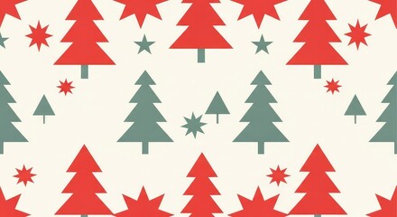 Obraz premium Minimalist mid-century modern holiday pattern featuring repeating geometric trees, stars, and diamonds in red, muted teal, and ivory white, creative, motif, star