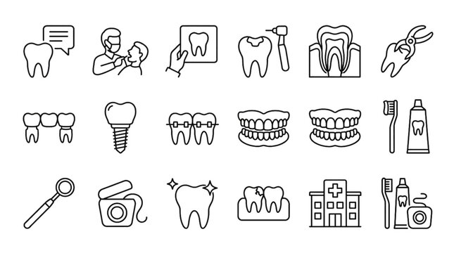 Dentistry Services Line Icon Set with Dental Consultation Root Canal Implant Braces and Oral Healthcare Symbols