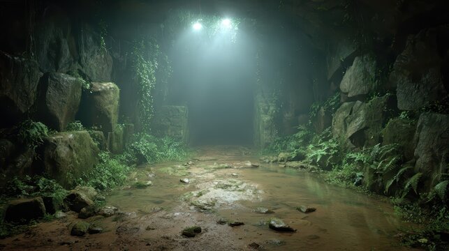Mysterious Tunnel Entrance: Headlights pierce the foggy darkness at the mouth of a dense jungle tunnel, illuminating a muddy path surrounded by mossy rocks and vibrant green foliage.