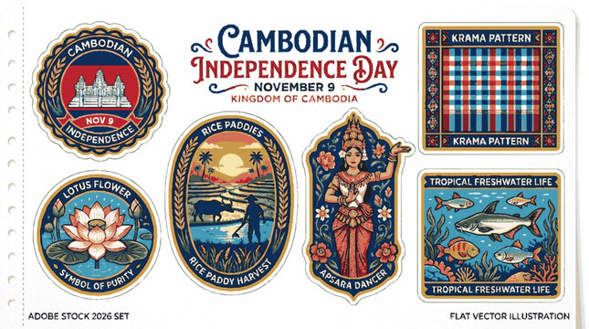 Cambodian independence day vector sticker set with cultural