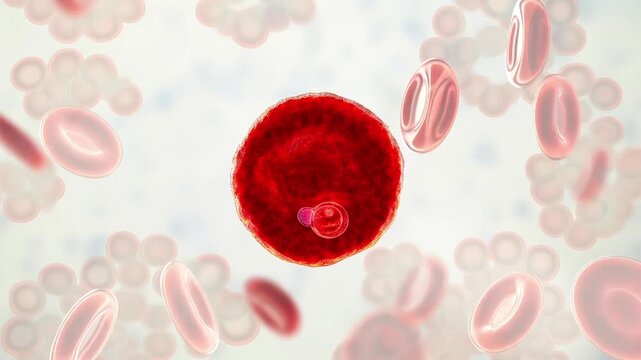 Plasmodium malariae ring stage, 3D animation showing early intraerythrocytic trophozoite within a red blood cell, associated with quartan malaria in humans.