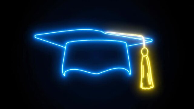 Glowing neon illustration of a graduation cap, with blue outlining the cap and a yellow tassel against a dark, contrasting background